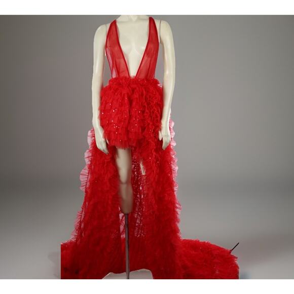 BRONX & BANCO Red Lace Maxi Dress Sleeveless Gown Size 2 Formal Evening - Picture 3 of 16